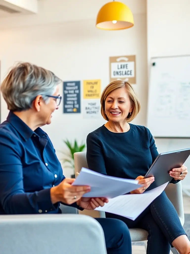 A professional business coach in a modern office setting, working with a client on strategic planning, both smiling and engaged in a discussion about business growth strategies.