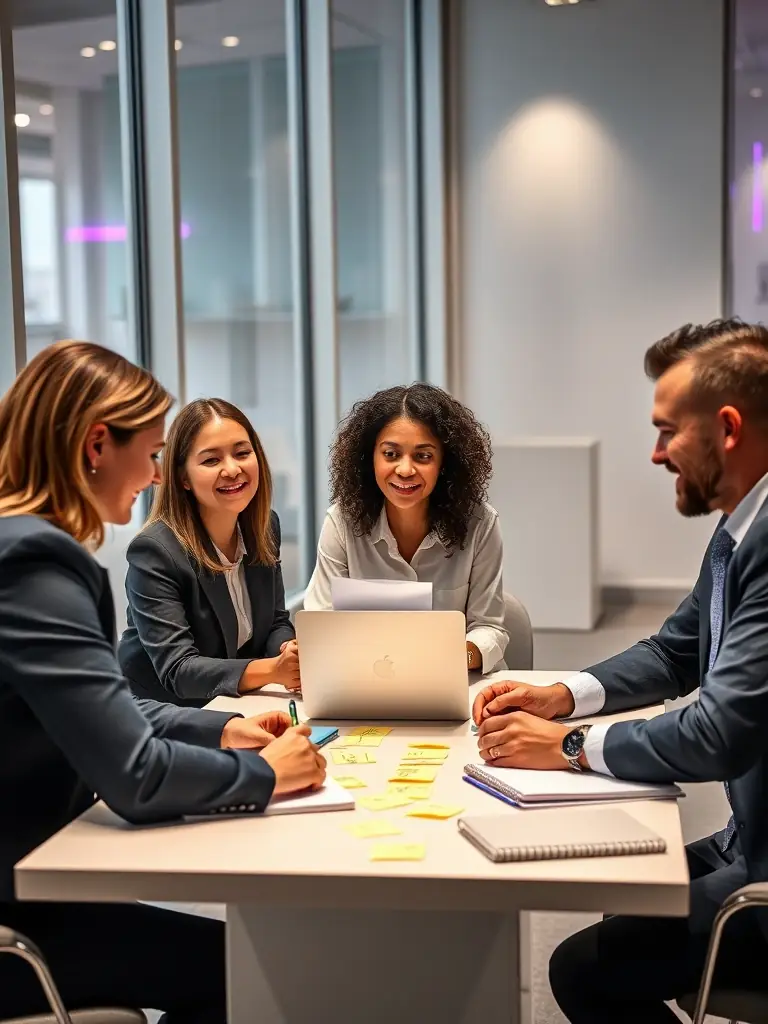 A diverse team of business professionals collaborating in a bright, modern office, brainstorming ideas and discussing innovative solutions for business challenges.