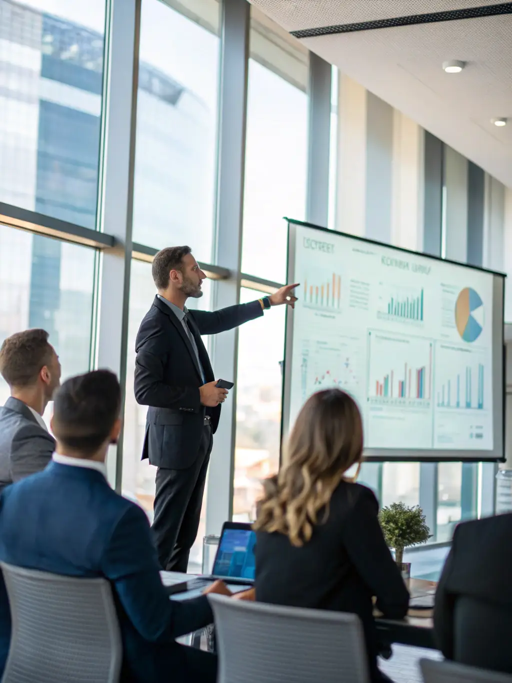 A business leader confidently presenting to a team, showcasing improved leadership skills and the ability to inspire and motivate their colleagues.