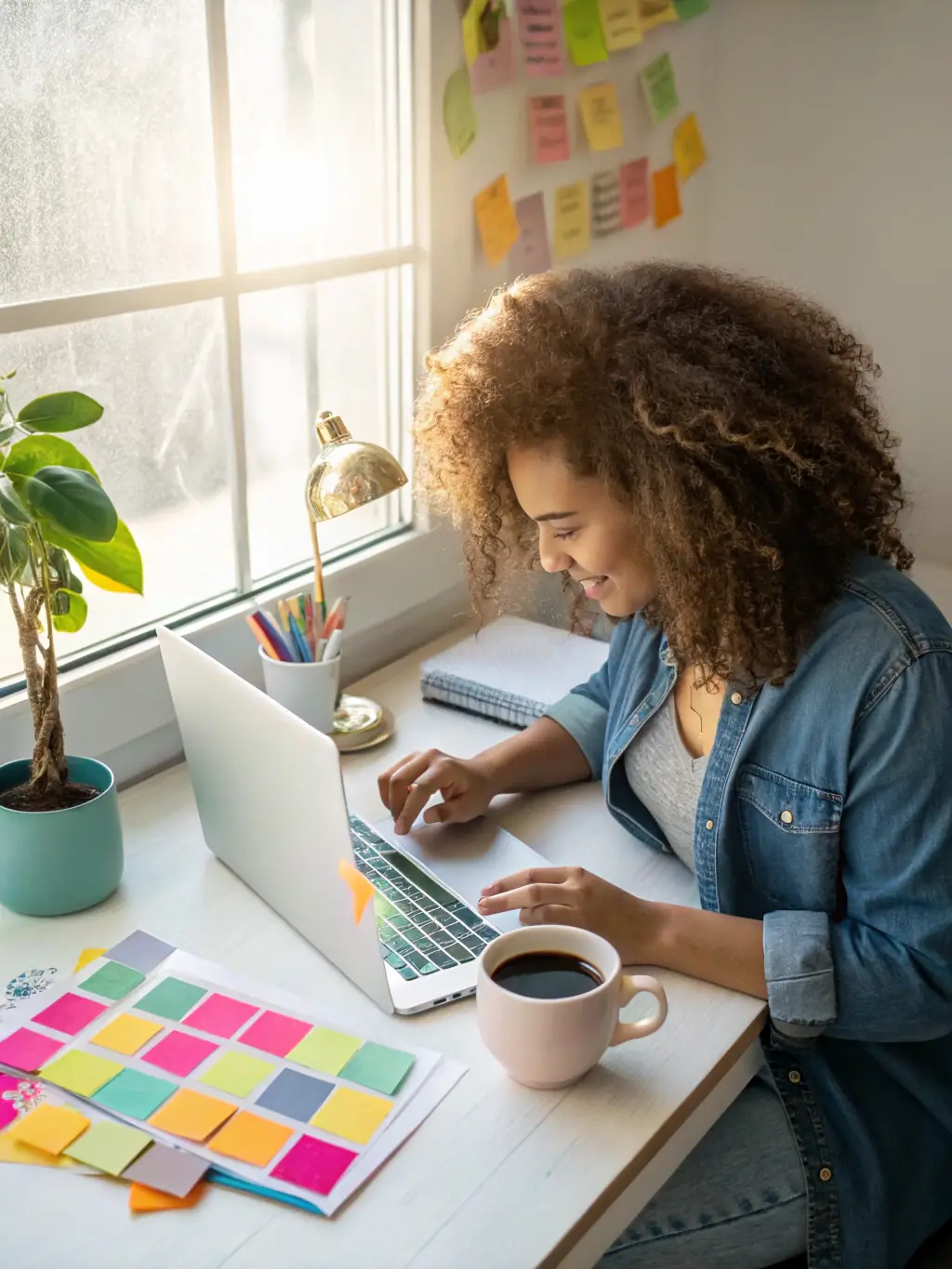An entrepreneur working on a laptop in a co-working space, focused on developing a business plan with guidance from an online coaching session.