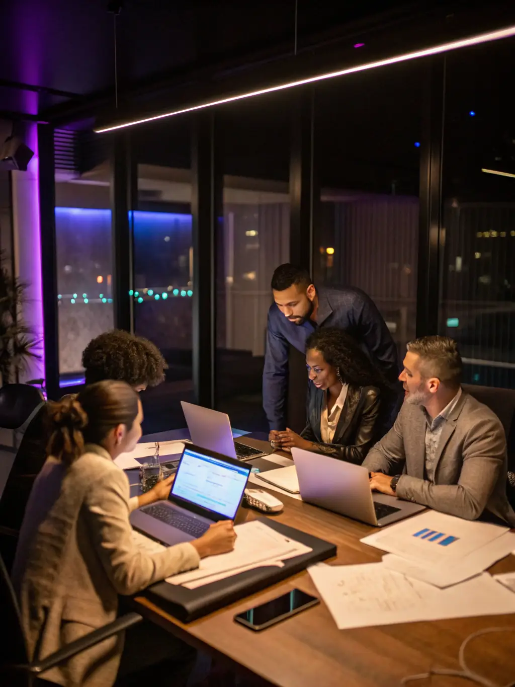 A diverse group of UK business professionals collaborating around a table, brainstorming ideas and strategies in a modern office setting, symbolizing teamwork and innovation.