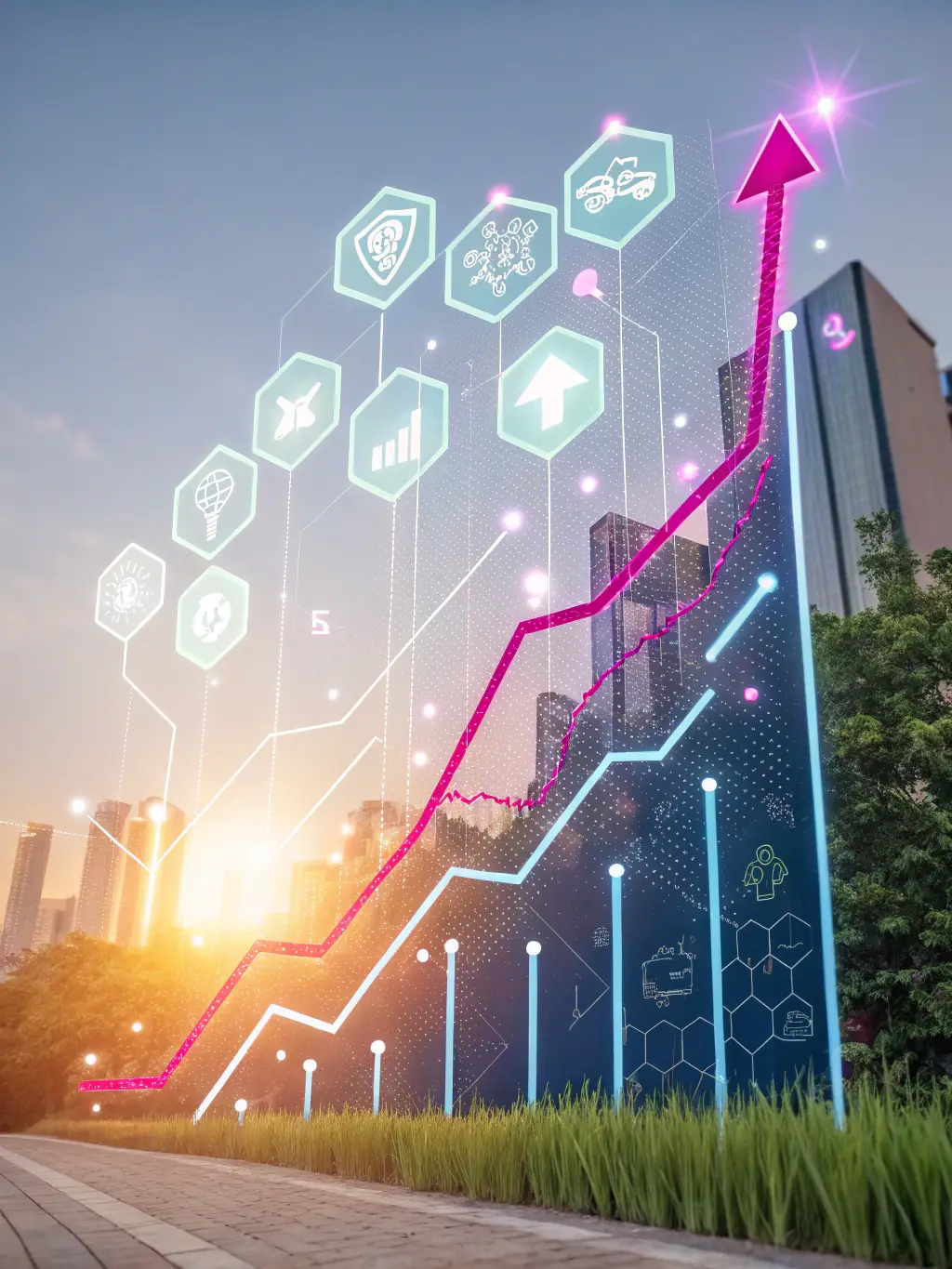 A digital illustration of a growth chart trending upwards, overlaid with gears and cogs, representing business growth and strategic planning for UK companies.