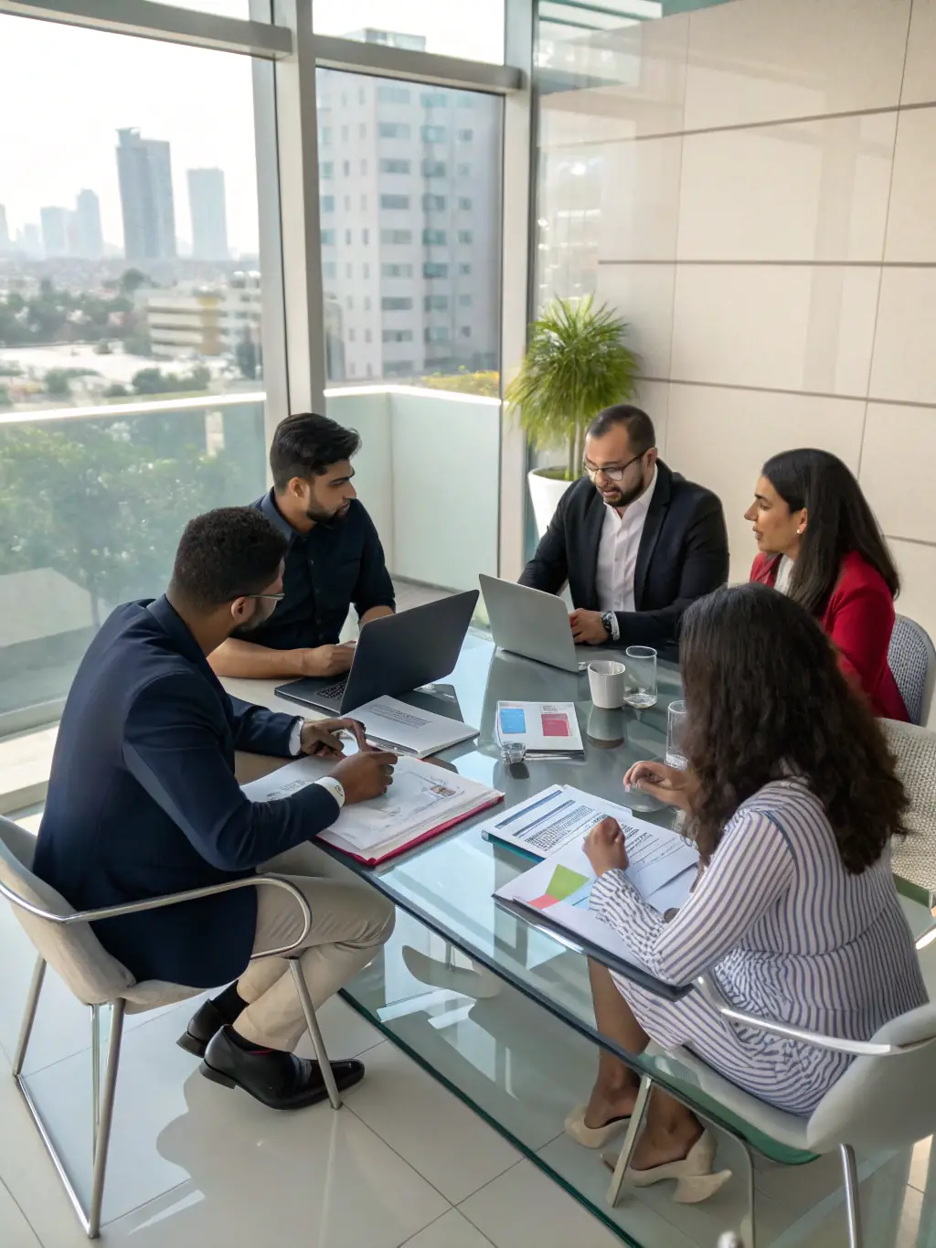 A diverse team of CatalystUKUno consultants brainstorming ideas around a table in a modern office, representing collaborative strategy development.
